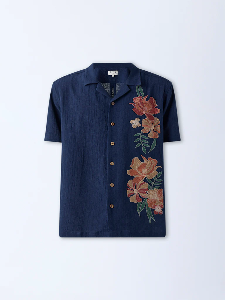 ETA Navy Floral Embroidered Relaxed-Fit Cotton Shirt - Image 5