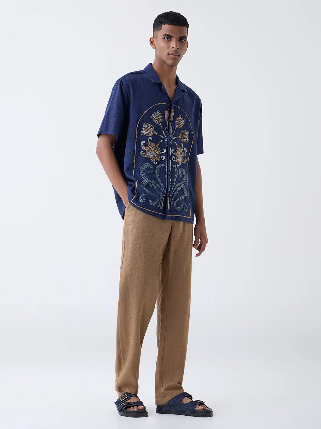 ETA Navy Floral Embroidered Relaxed-Fit Cotton Shirt - Image 2