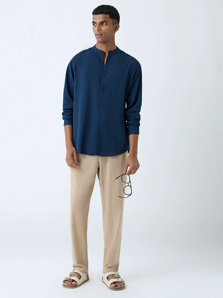 ETA Navy Solid Relaxed-Fit Cotton Shirt - Image 3