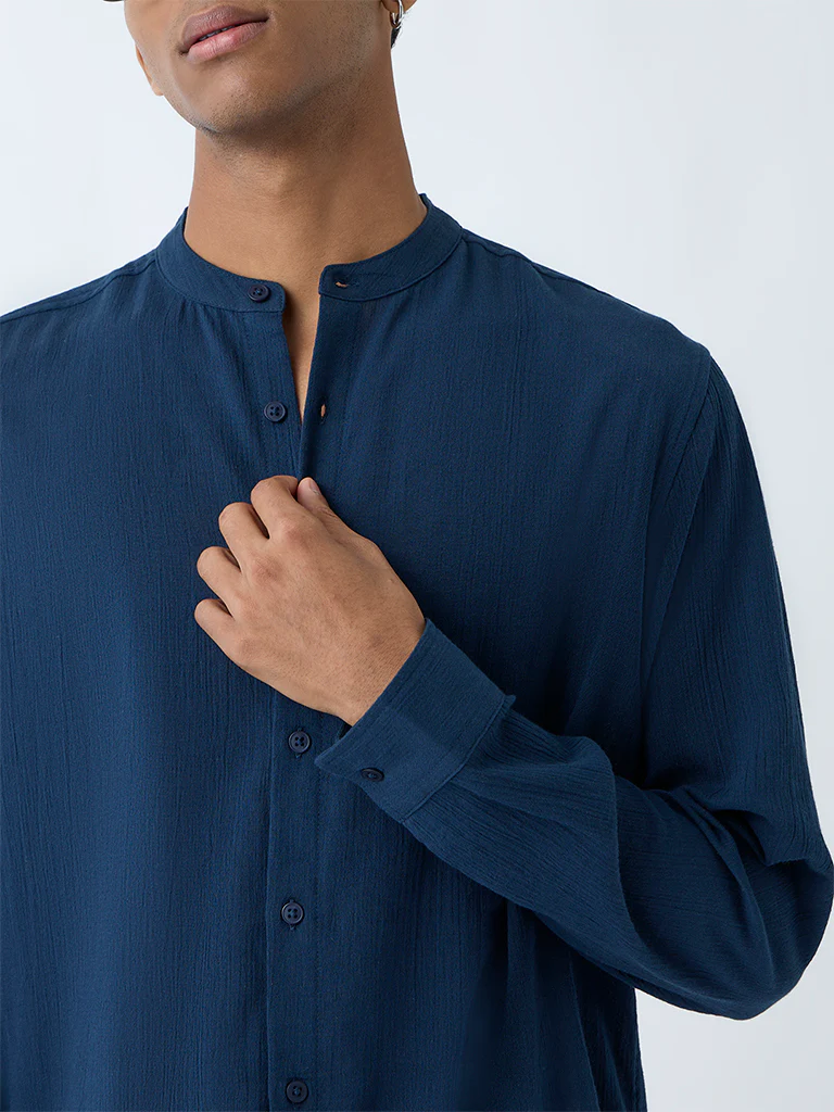 ETA Navy Solid Relaxed-Fit Cotton Shirt - Image 4
