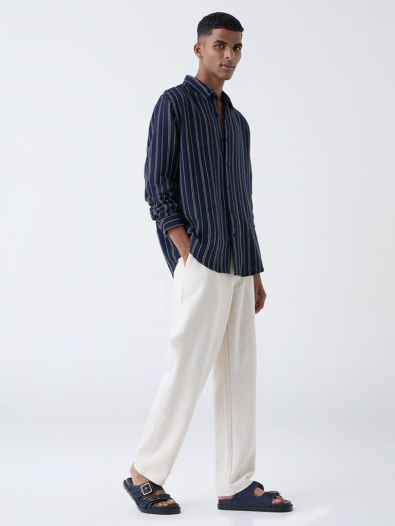 ETA Navy Striped Relaxed-Fit Cotton Shirt - Image 3