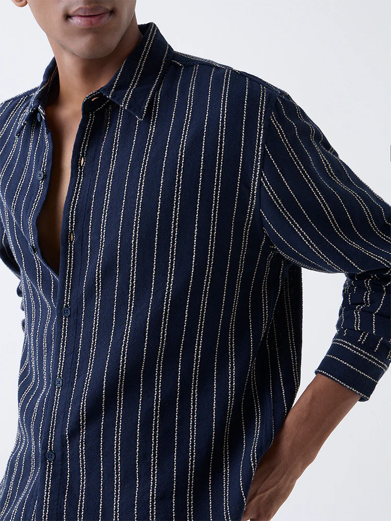 ETA Navy Striped Relaxed-Fit Cotton Shirt - Image 4