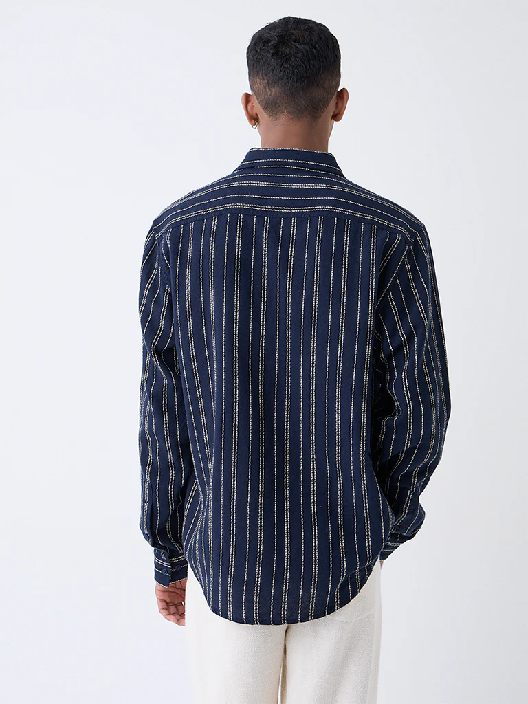 ETA Navy Striped Relaxed-Fit Cotton Shirt - Image 5