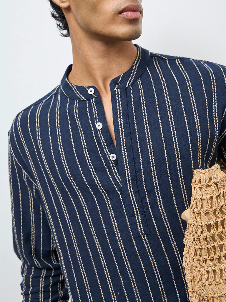 ETA Navy Striped Relaxed-Fit Cotton Shirt - Image 3