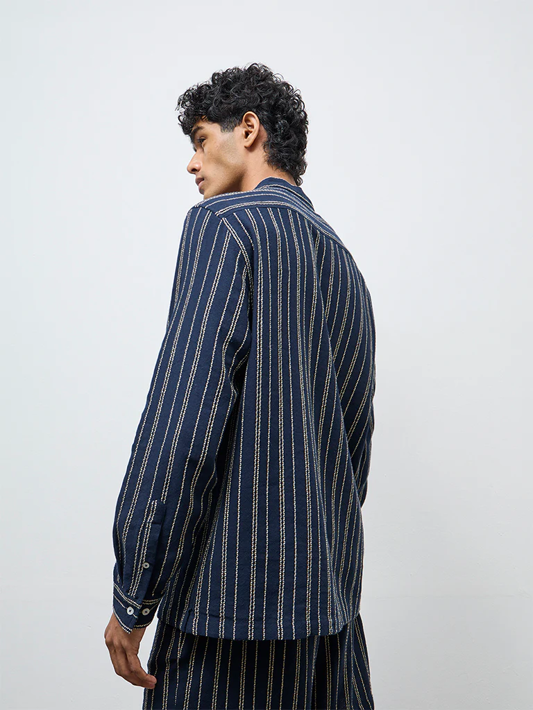 ETA Navy Striped Relaxed-Fit Cotton Shirt - Image 4