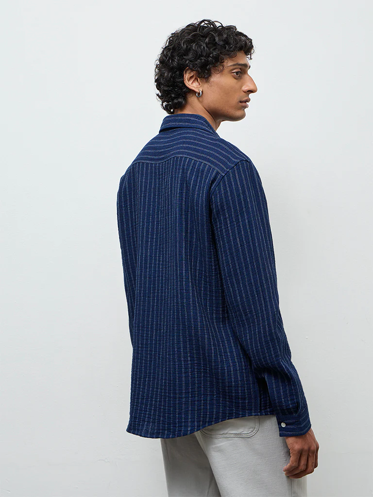 ETA Navy Striped Relaxed-Fit Cotton Shirt - Image 4