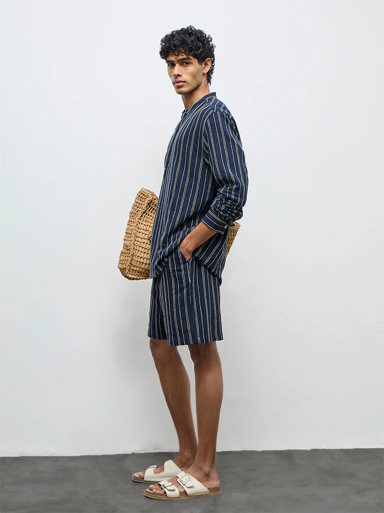 ETA Navy Striped Relaxed-Fit Mid-Rise Cotton Shorts