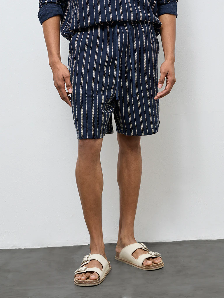 ETA Navy Striped Relaxed-Fit Mid-Rise Cotton Shorts - Image 2