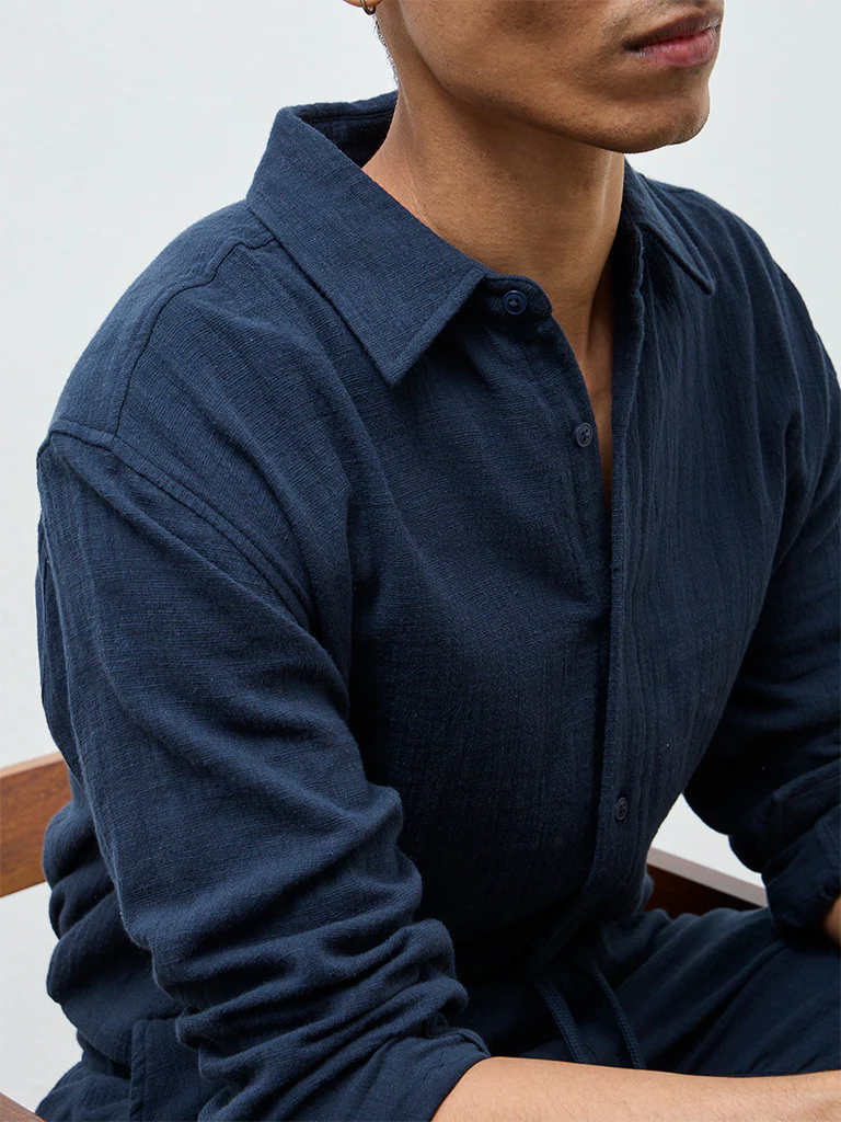 ETA Navy Textured Relaxed-Fit Cotton Shirt - Image 4