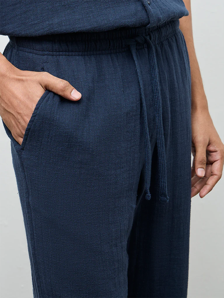 ETA Navy Textured Relaxed-Fit Mid-Rise Cotton Chinos - Image 3