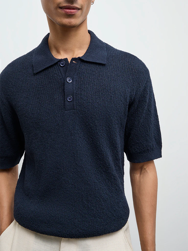 ETA Navy Textured Relaxed-Fit Polo T-Shirt - Image 4