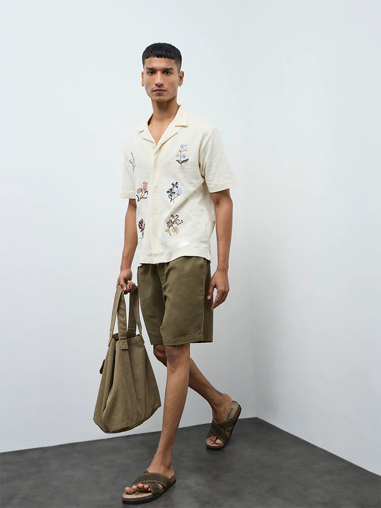 ETA Off-White Floral Embroidered Relaxed-Fit Cotton Shirt - Image 3