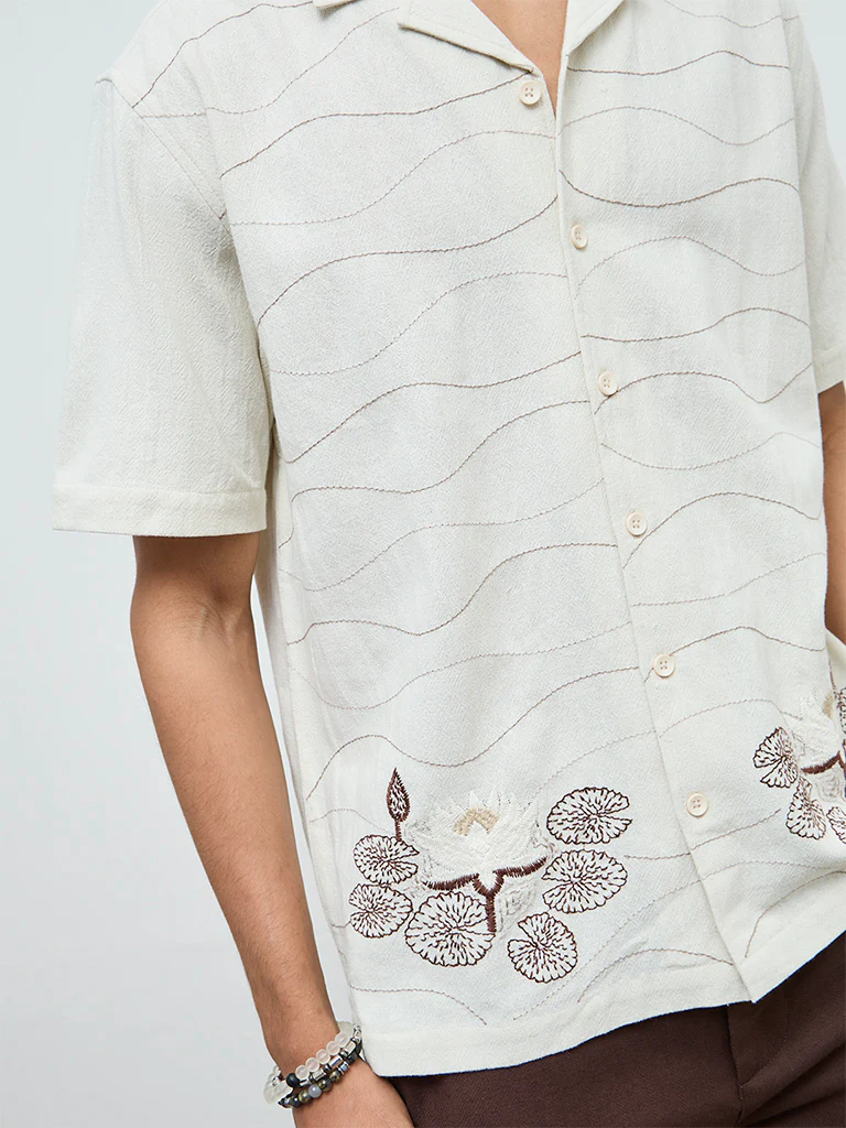ETA Off-White Floral Embroidered Relaxed-Fit Cotton Shirt - Image 3