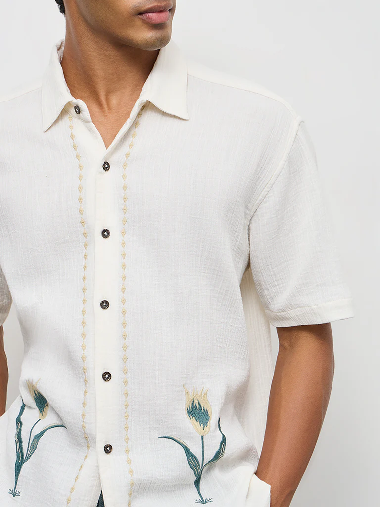 ETA Off-White Floral Embroidered Relaxed-Fit Cotton Shirt - Image 3