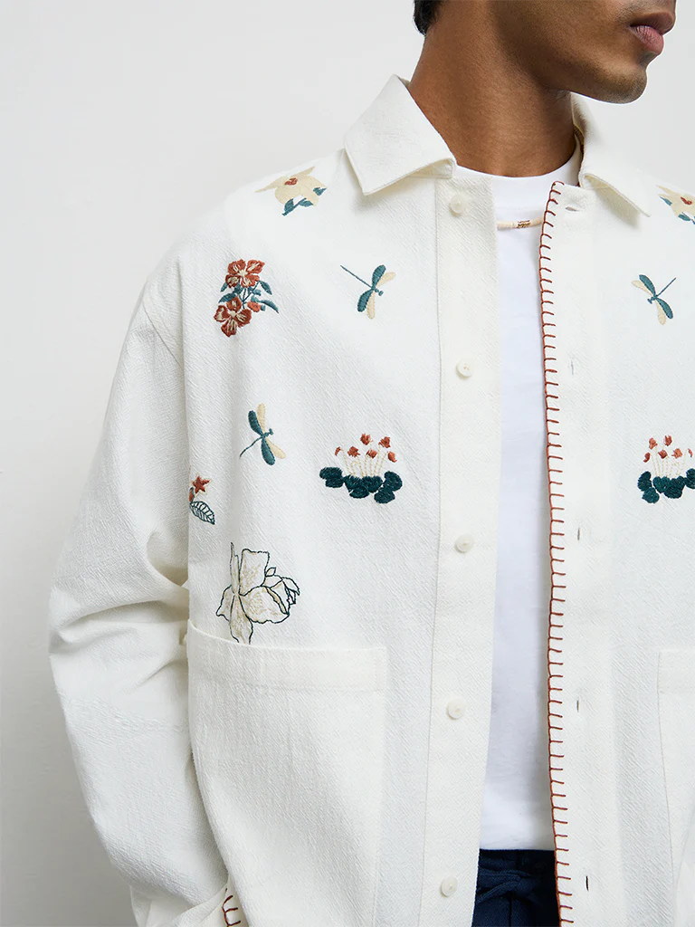 ETA Off-White Floral-Embroidered Relaxed-Fit Cotton Shirt - Image 3