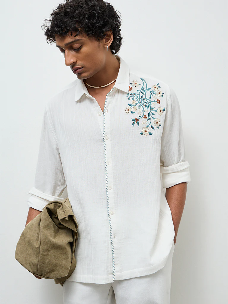 ETA Off-White Floral Embroidered Relaxed-Fit Cotton Shirt - Image 3