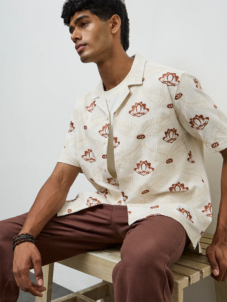 ETA Off-White Floral Embroidered Relaxed-Fit Cotton Shirt - Image 2
