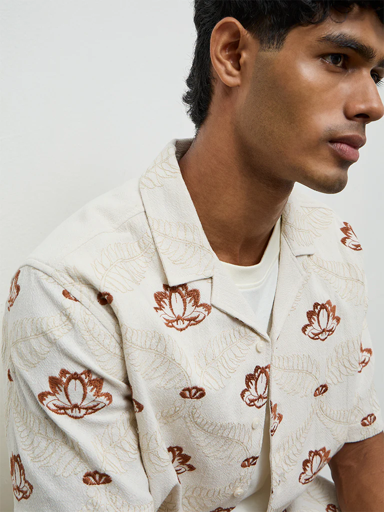 ETA Off-White Floral Embroidered Relaxed-Fit Cotton Shirt - Image 3
