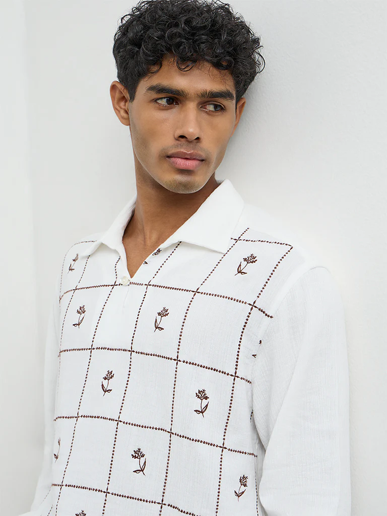 ETA Off-White Floral Embroidered Relaxed-Fit Cotton Shirt - Image 3