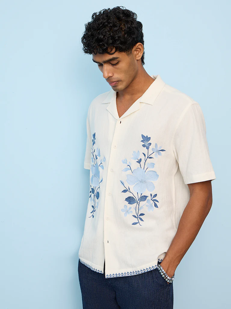 ETA Off-White Floral Embroidered Relaxed-Fit Cotton Shirt - Image 2