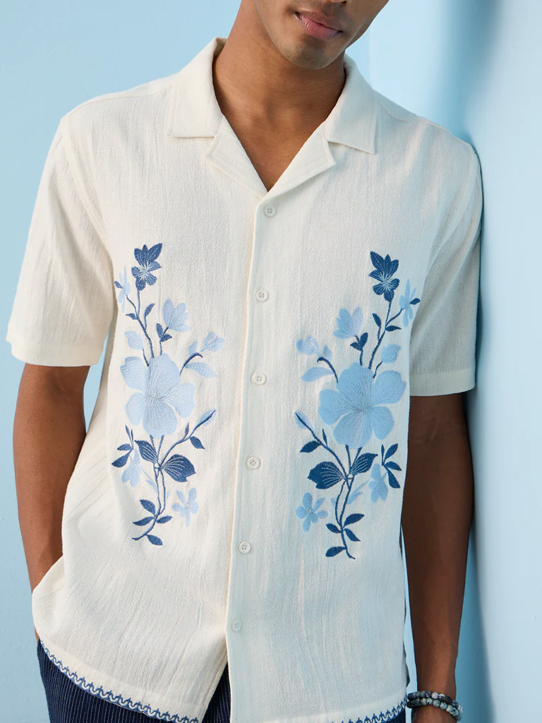 ETA Off-White Floral Embroidered Relaxed-Fit Cotton Shirt - Image 3