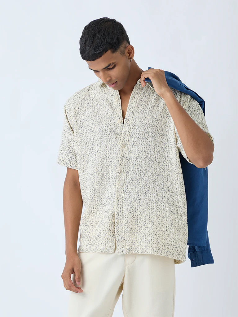 ETA Off-White Floral Pattern Relaxed-Fit Cotton Shirt