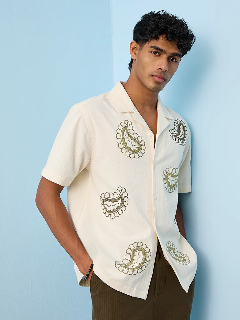 ETA Off-White Paisley Embroidered Relaxed-Fit Cotton Shirt - Image 2