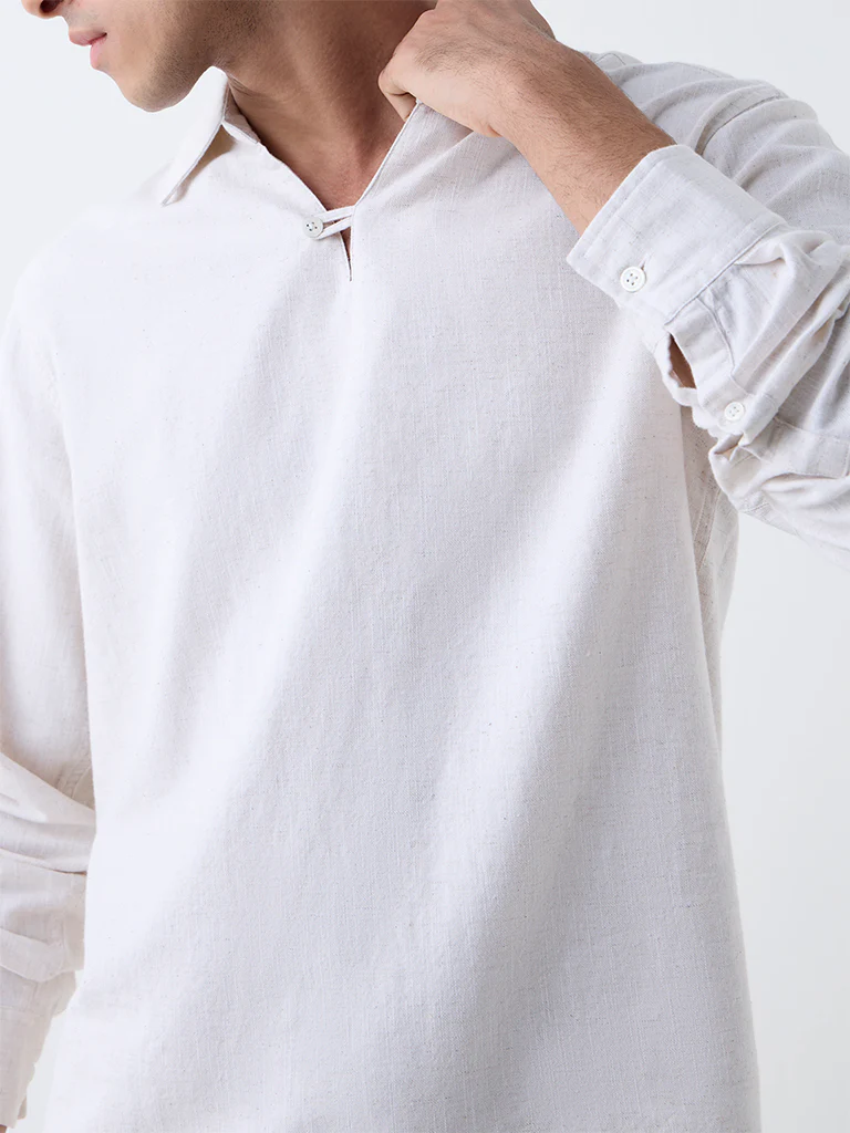 ETA Off-White Solid Relaxed-Fit Cotton-Blend Shirt - Image 4