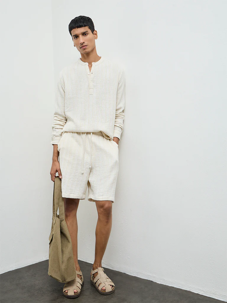 ETA Off-White Striped Textured Relaxed-Fit Mid-Rise Cotton Shorts