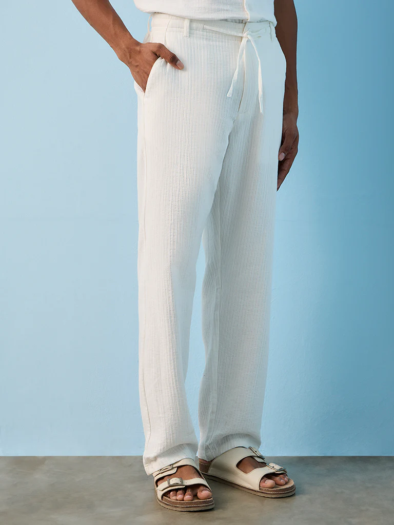 ETA Off-White Textured Relaxed-Fit Mid-Rise Cotton Pants - Image 2