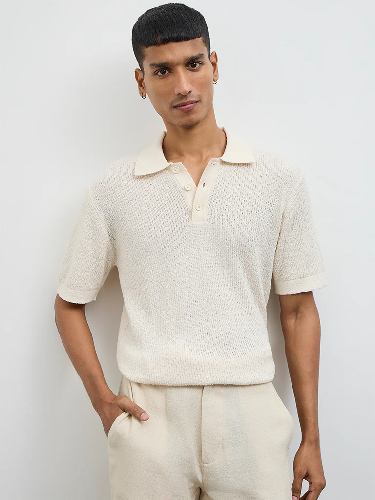 ETA Off-White Textured Relaxed-Fit Polo T-Shirt