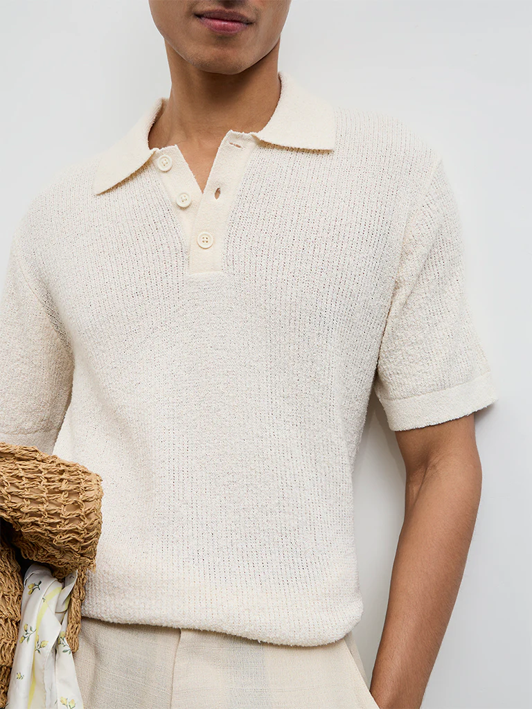 ETA Off-White Textured Relaxed-Fit Polo T-Shirt - Image 4