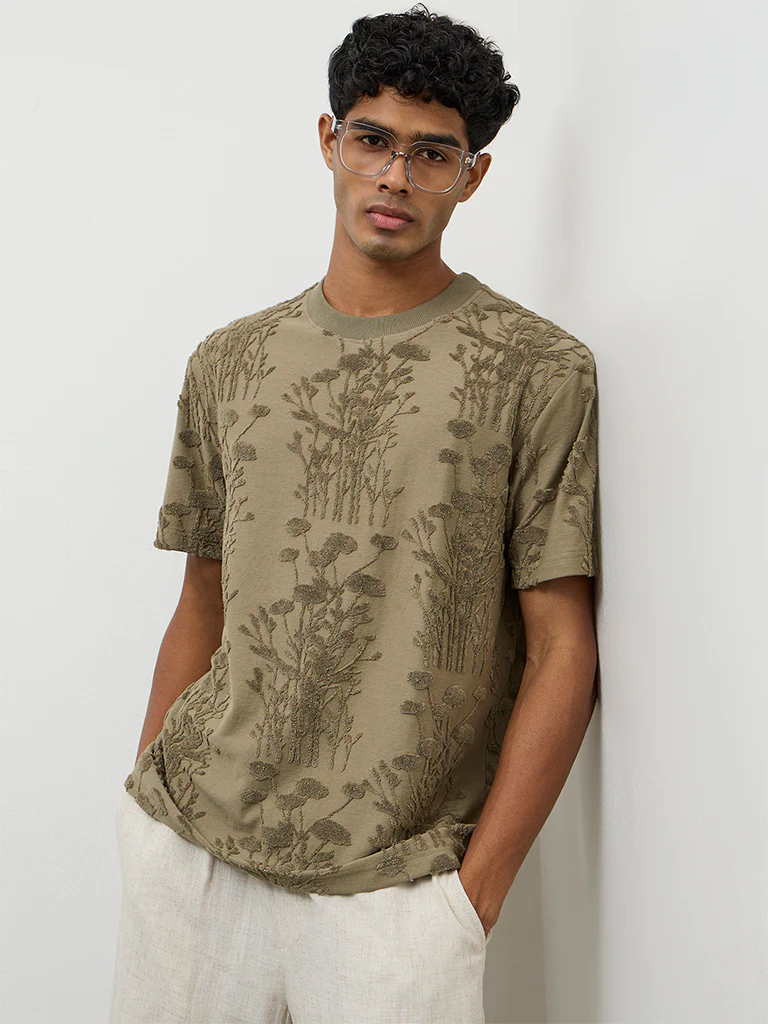 ETA Olive Botanical-Textured Relaxed-Fit Cotton-Blend T-Shirt