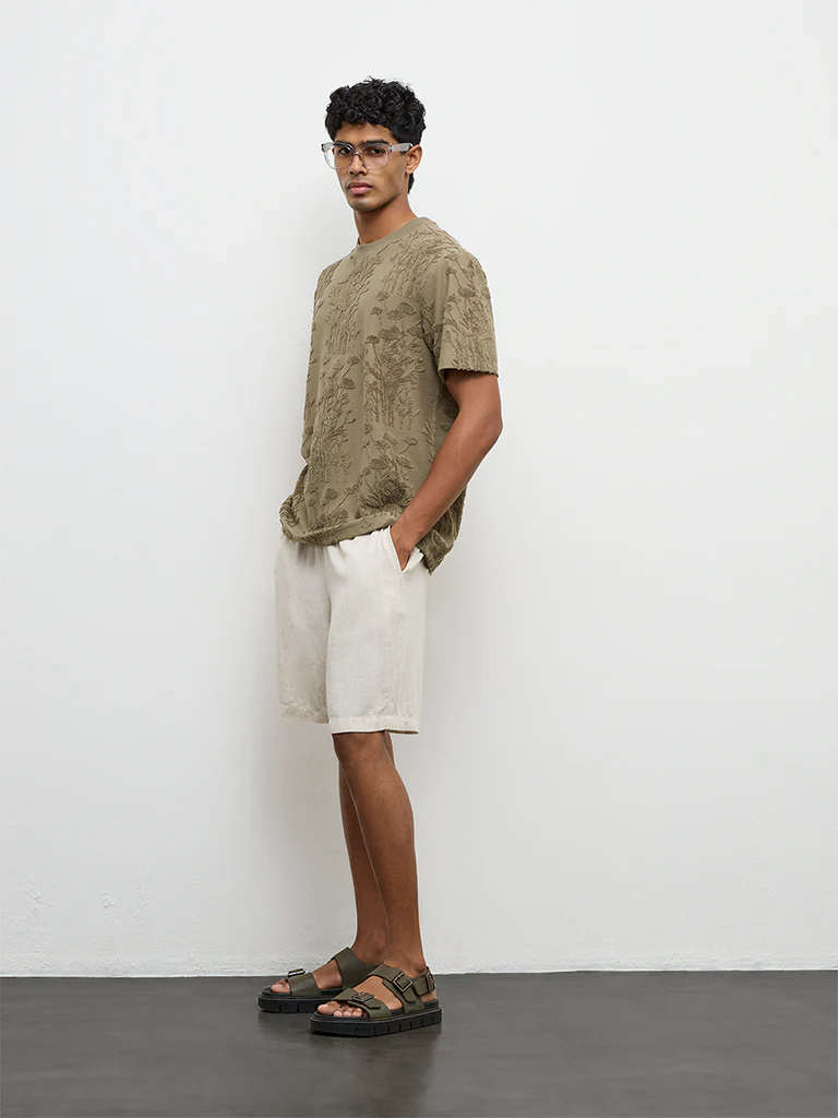 ETA Olive Botanical-Textured Relaxed-Fit Cotton-Blend T-Shirt - Image 3