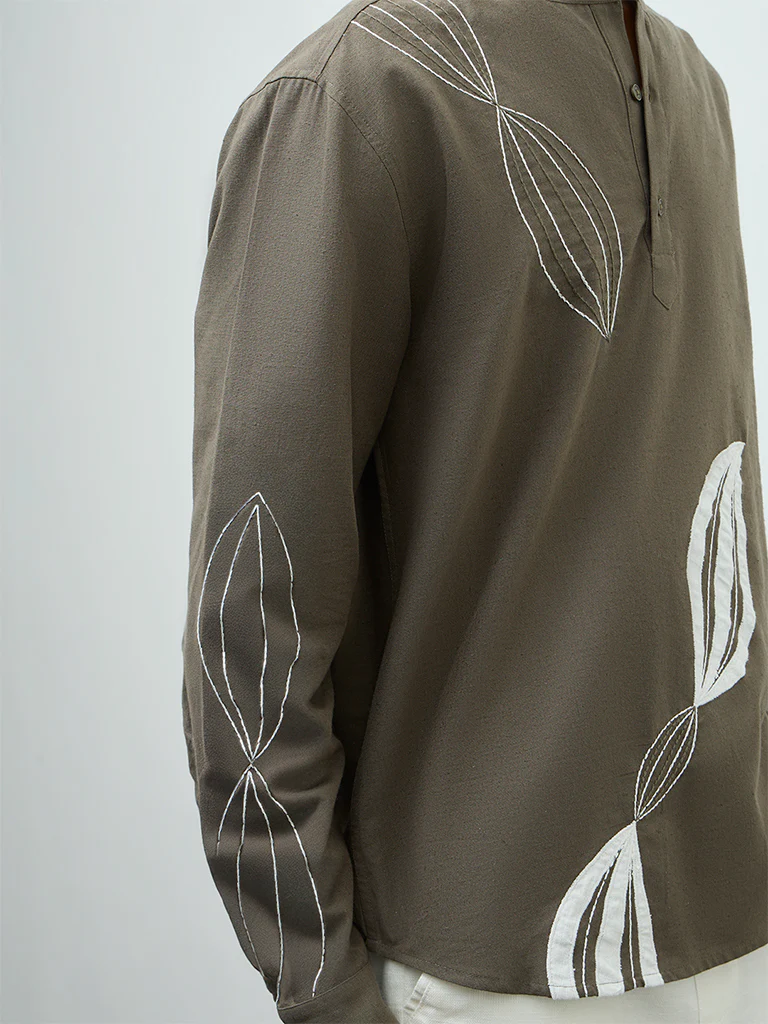 ETA Olive Embroidered Relaxed-Fit Cotton Shirt - Image 3