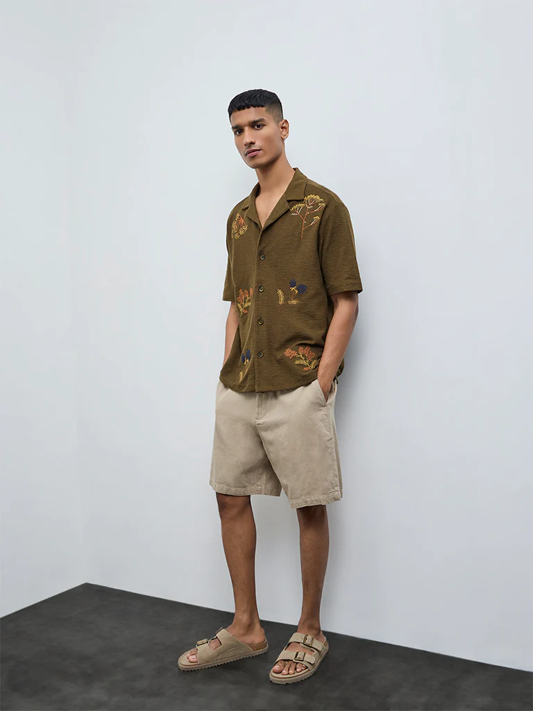 ETA Olive Floral Embroidered Relaxed-Fit Cotton Shirt - Image 3