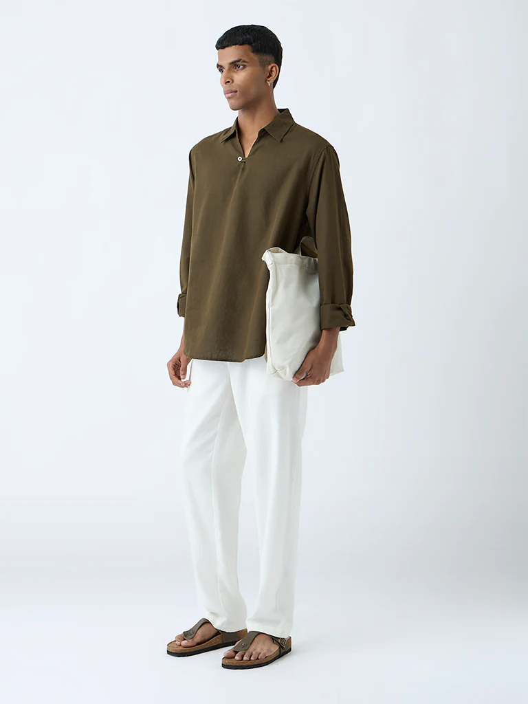ETA Olive Solid Relaxed-Fit Cotton-Blend Shirt - Image 3