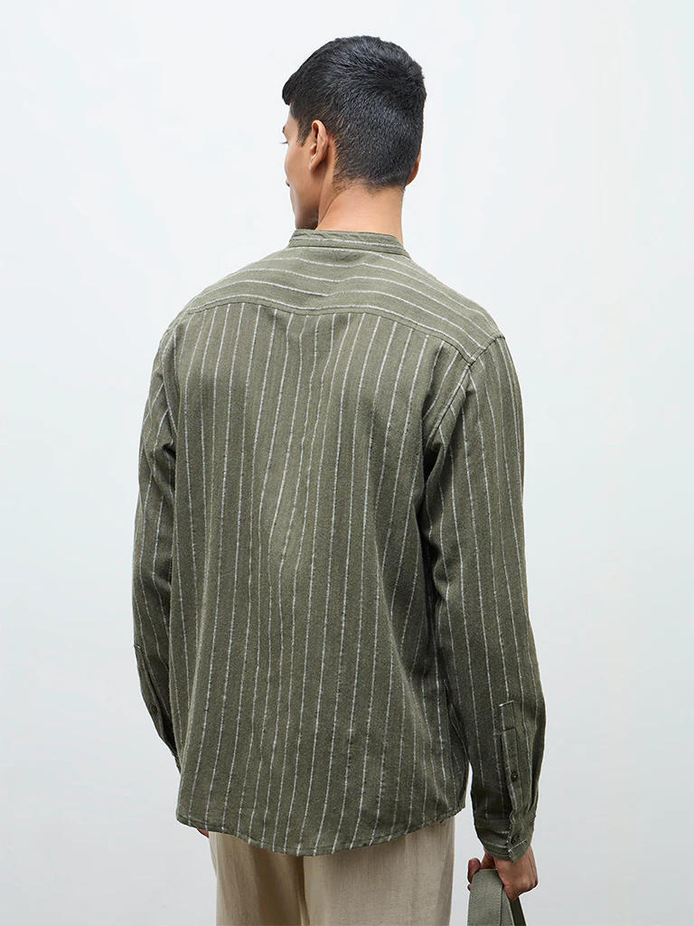 ETA Olive Stripe Embroidered Relaxed-Fit Cotton Shirt - Image 4