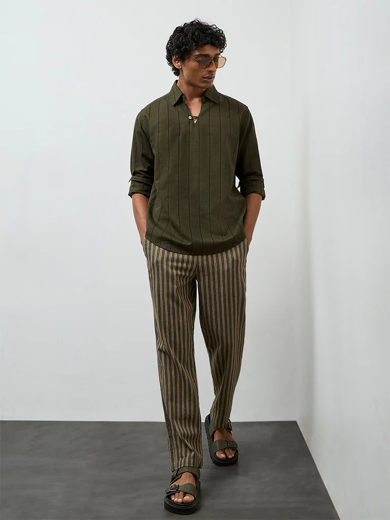 ETA Olive Striped Relaxed-Fit Cotton-Blend Shirt