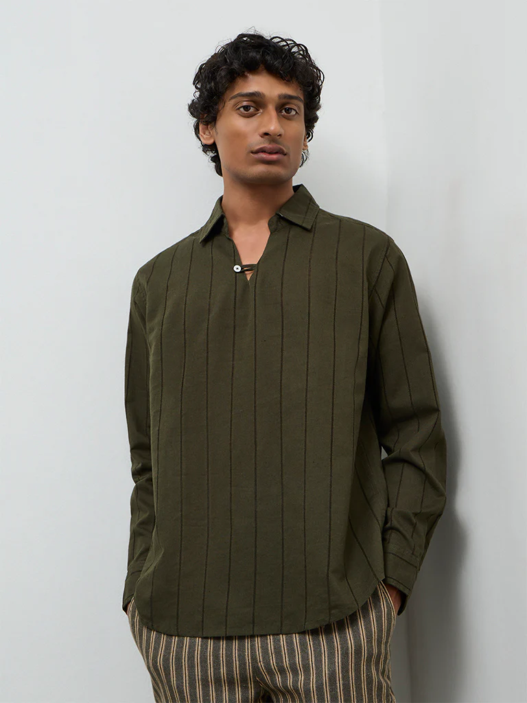 ETA Olive Striped Relaxed-Fit Cotton-Blend Shirt - Image 4