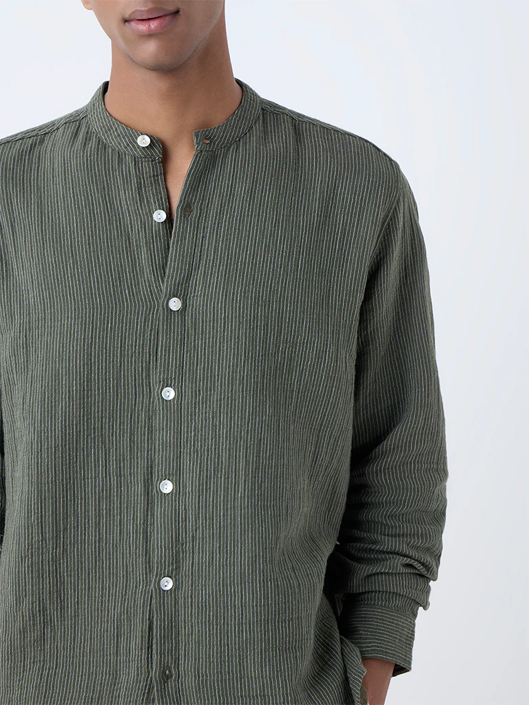 ETA Olive Striped Relaxed-Fit Cotton Shirt - Image 4