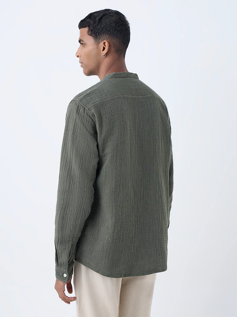 ETA Olive Striped Relaxed-Fit Cotton Shirt - Image 5