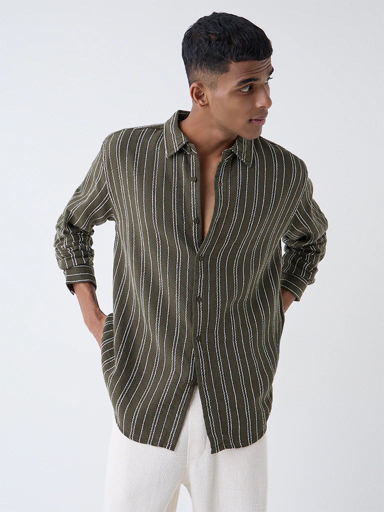 ETA Olive Striped Relaxed-Fit Cotton Shirt