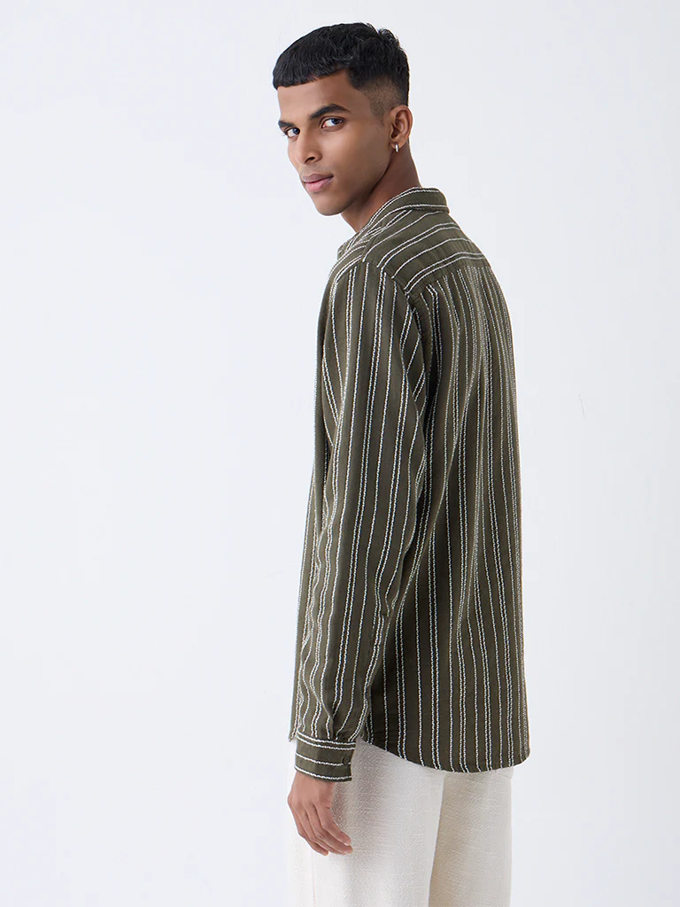 ETA Olive Striped Relaxed-Fit Cotton Shirt - Image 5