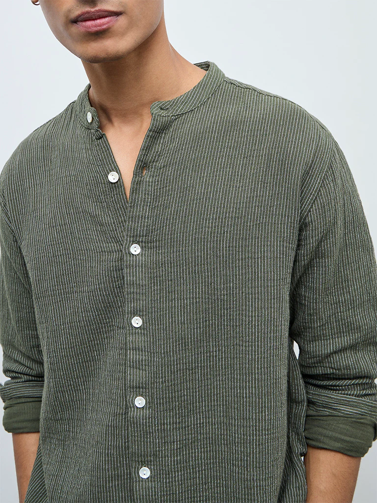 ETA Olive Striped Relaxed-Fit Cotton Shirt - Image 4