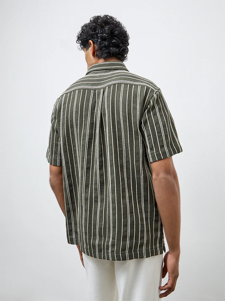 ETA Olive Striped Relaxed-Fit Cotton Shirt - Image 4