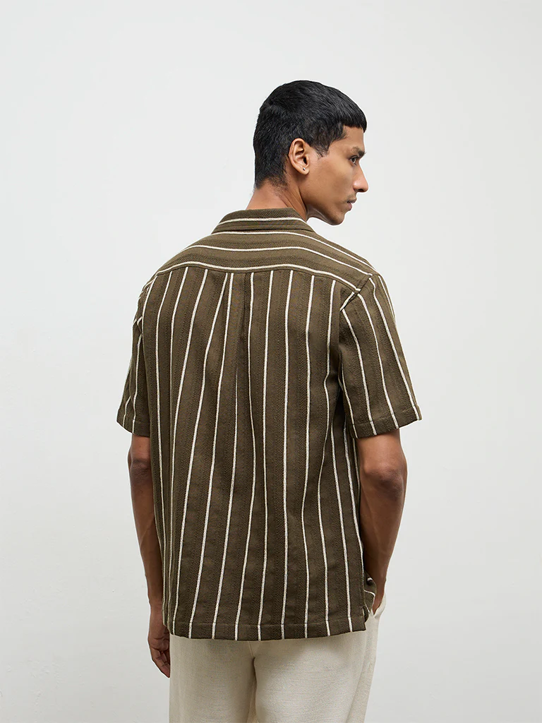 ETA Olive Striped Relaxed-Fit Cotton Shirt - Image 5