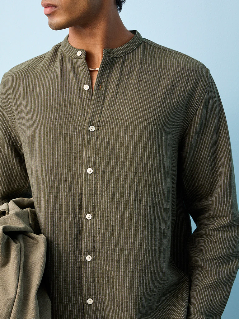 ETA Olive Striped Relaxed-Fit Cotton Shirt - Image 3