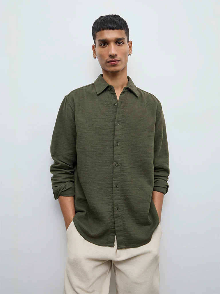 ETA Olive Textured Relaxed-Fit Cotton Shirt