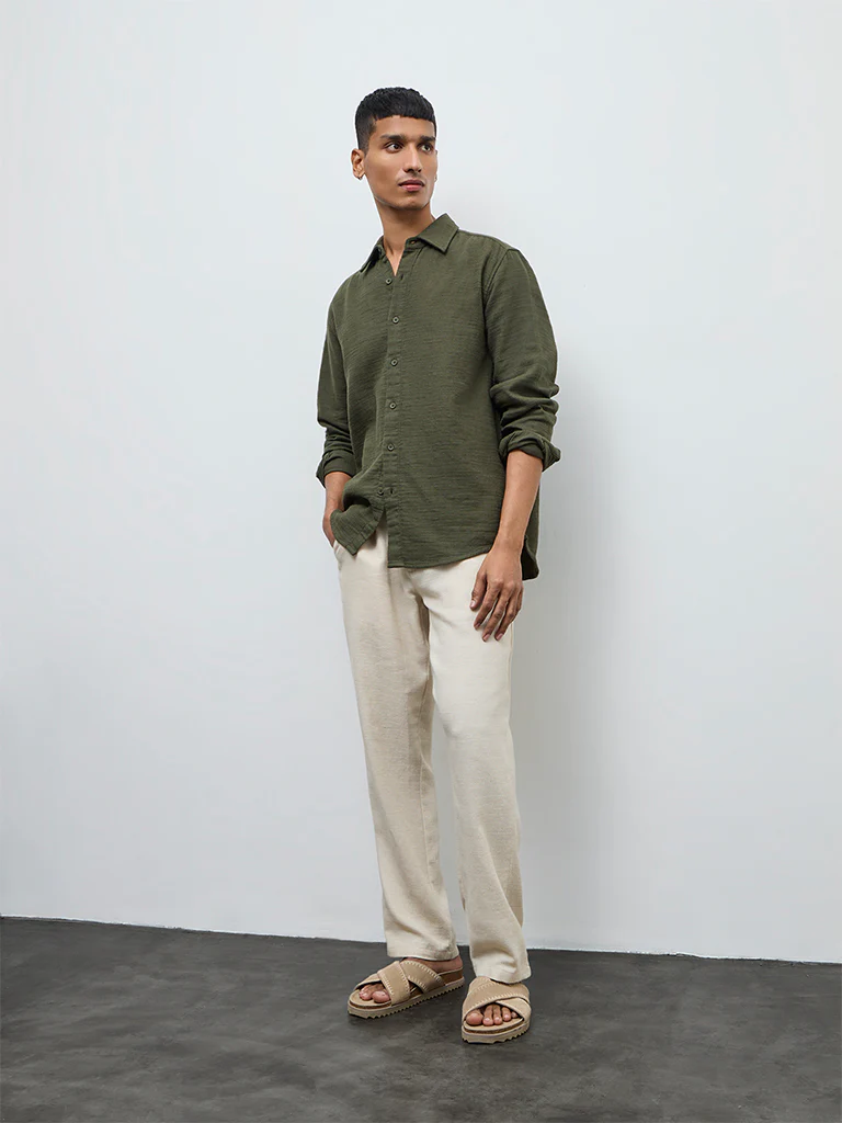 ETA Olive Textured Relaxed-Fit Cotton Shirt - Image 2